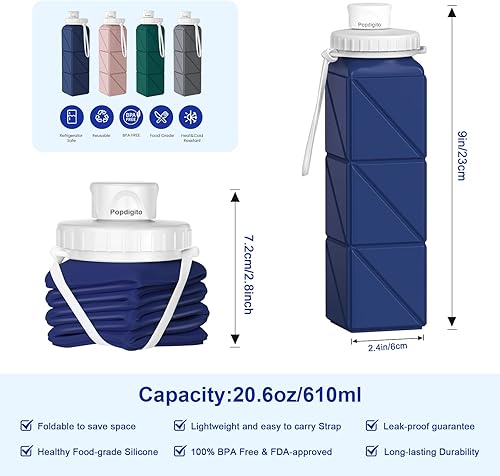 Miniatura 3 de Popdigito Botella de agua plegable con tapa a prueba de fugas, botellas de viaje de silicona de grado alimenticio sin BPA, botellas de agua