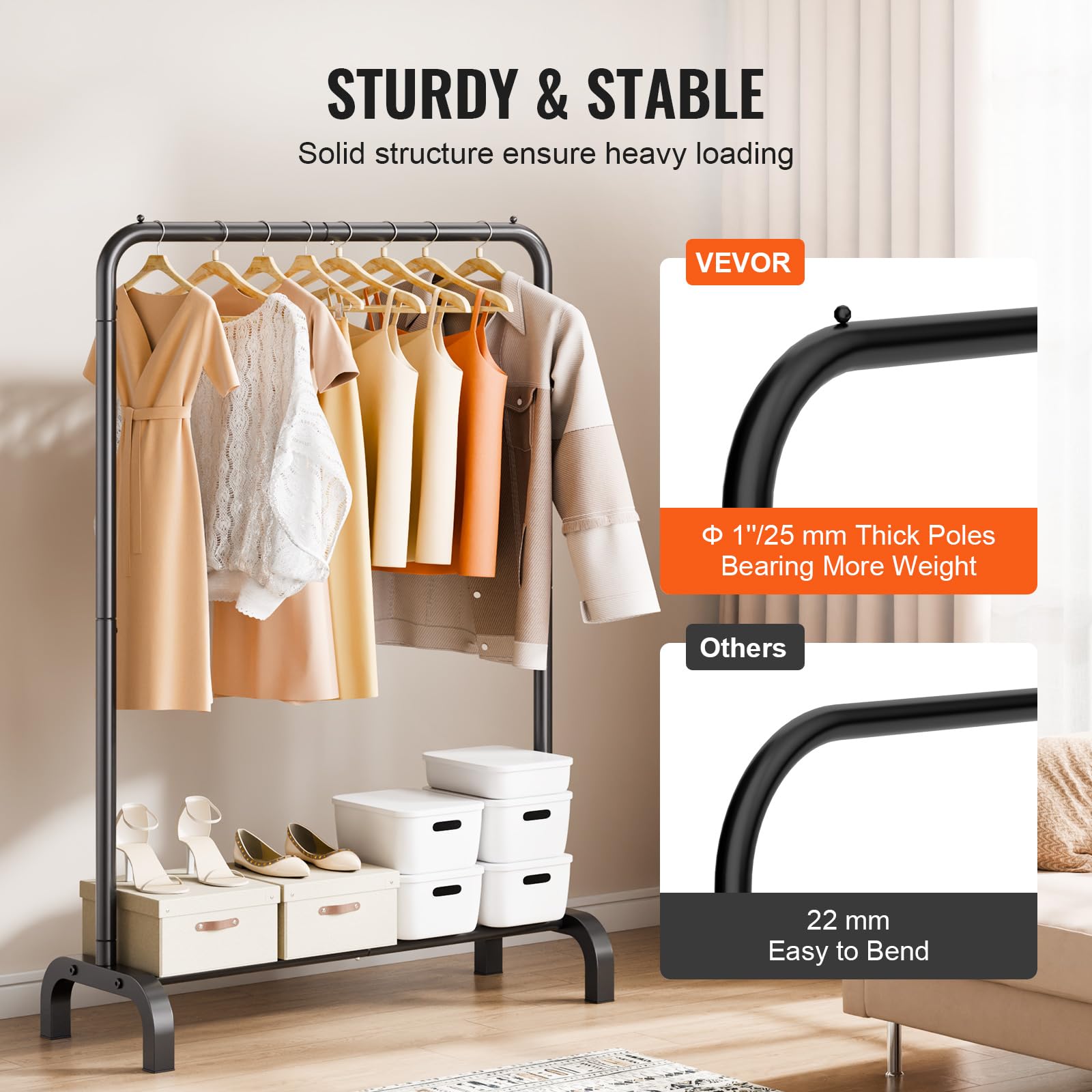 VEVOR Stand Appendiabiti Barra Singola Ripiano Singolo da Appendere per Camera da Letto Soggiorno, Appendiabiti in Acciaio al Carbonio Q235 Diametro del Tubo 25,4 mm, Stand Appendiabiti Peso di 2,9 kg