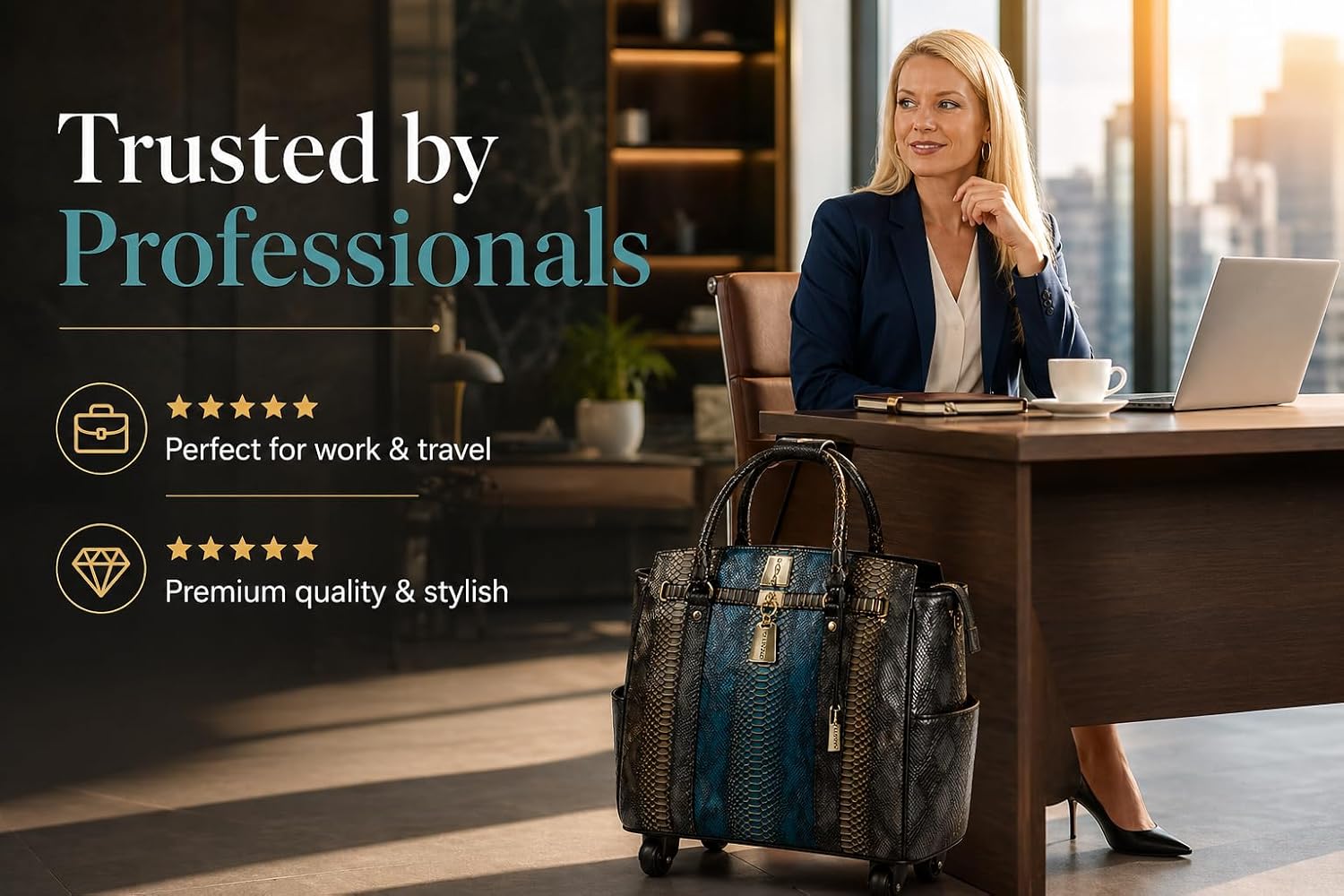 Rolling Laptop Bag for Women with Wheels & Handle Luxury Pure Leather Embossed Work Bag with Laptop Sleeve Travel Briefcase