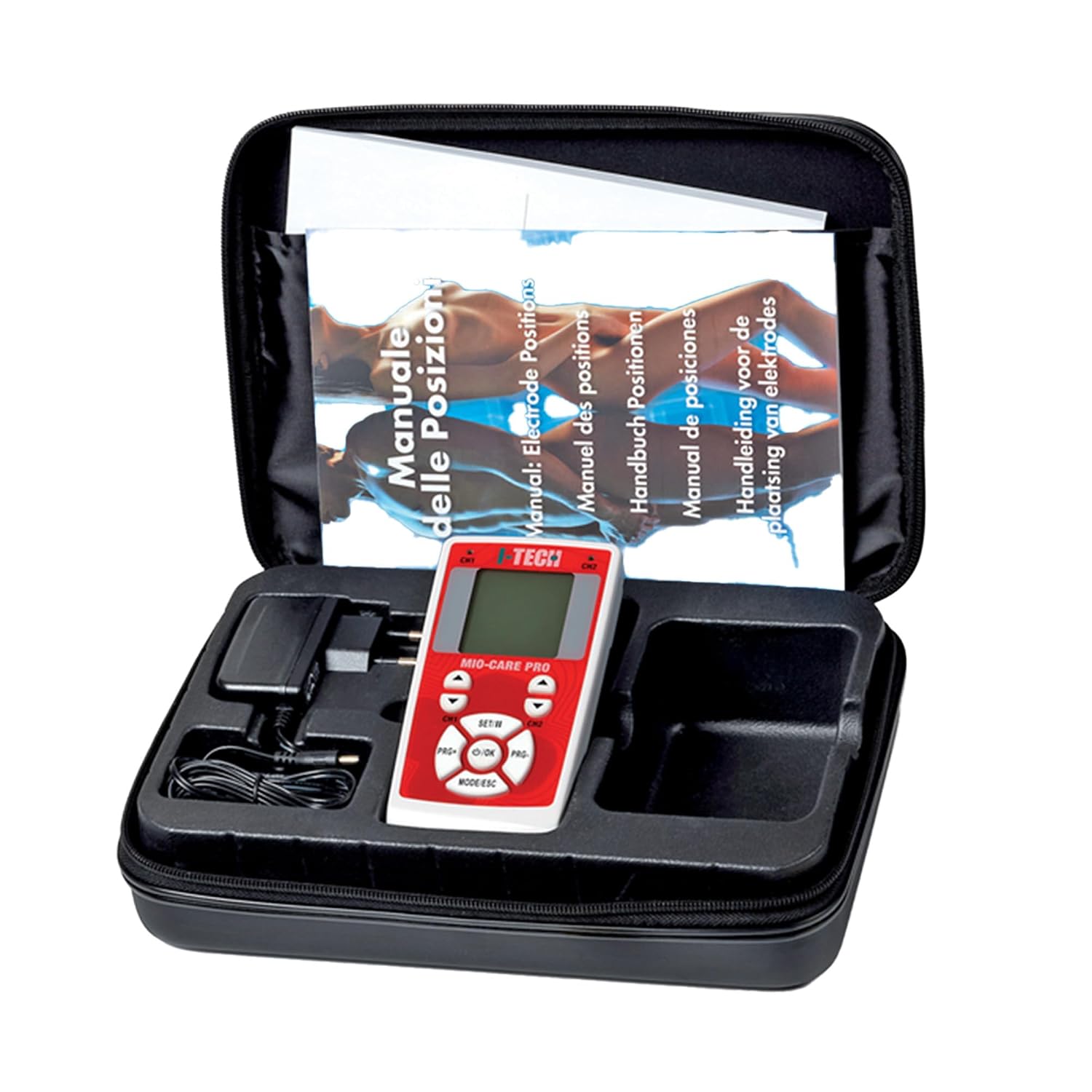 I-Tech Mio-Care PRO device and manual inside its carrying case.