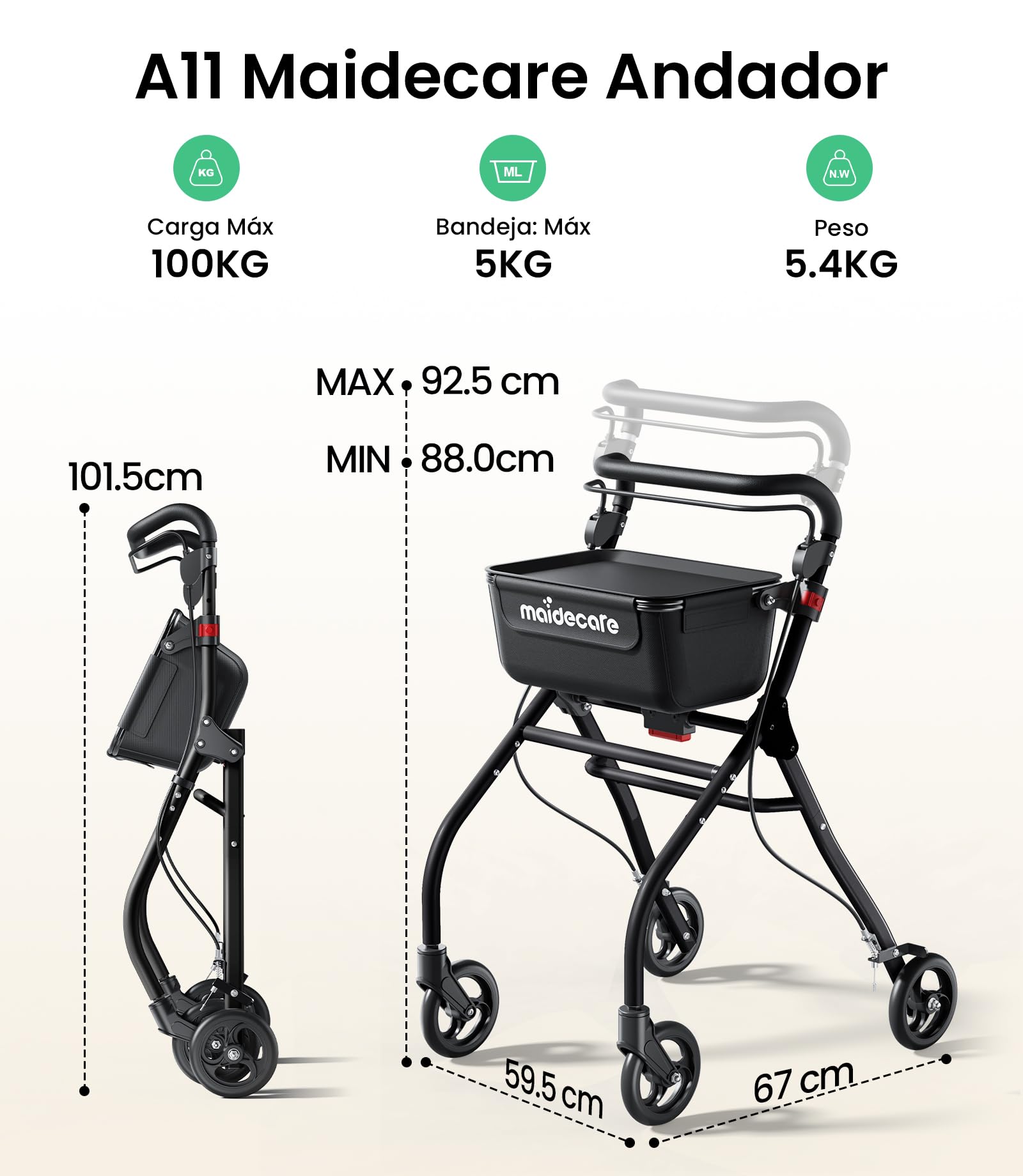 Andador para Ancianos, Andador Plegable con Asiento para Personas Mayores, Estrecho para Apartamento, Modelo de Interior Plegable y Ligero con Bandeja y Bolsa de Tela, 4 ruedas, Aluminio, Negro