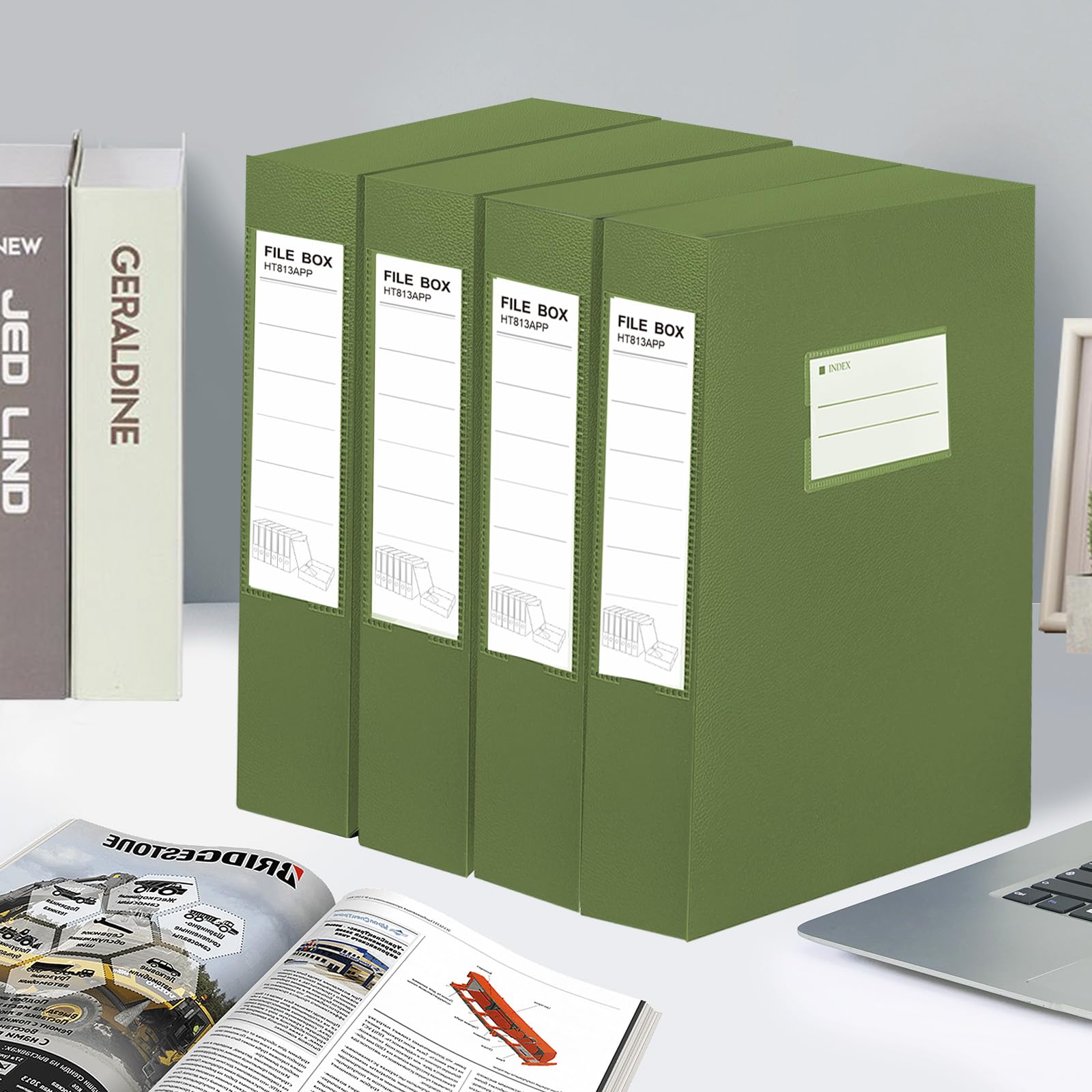 HUA JIE A4-Aufbewahrungsboxen, Archiv-Box, 65 mm Rücken, Aufbewahrungsbox für Dokumente, mit Metallclip, für Büro, Schule, Grün, 2 Stück