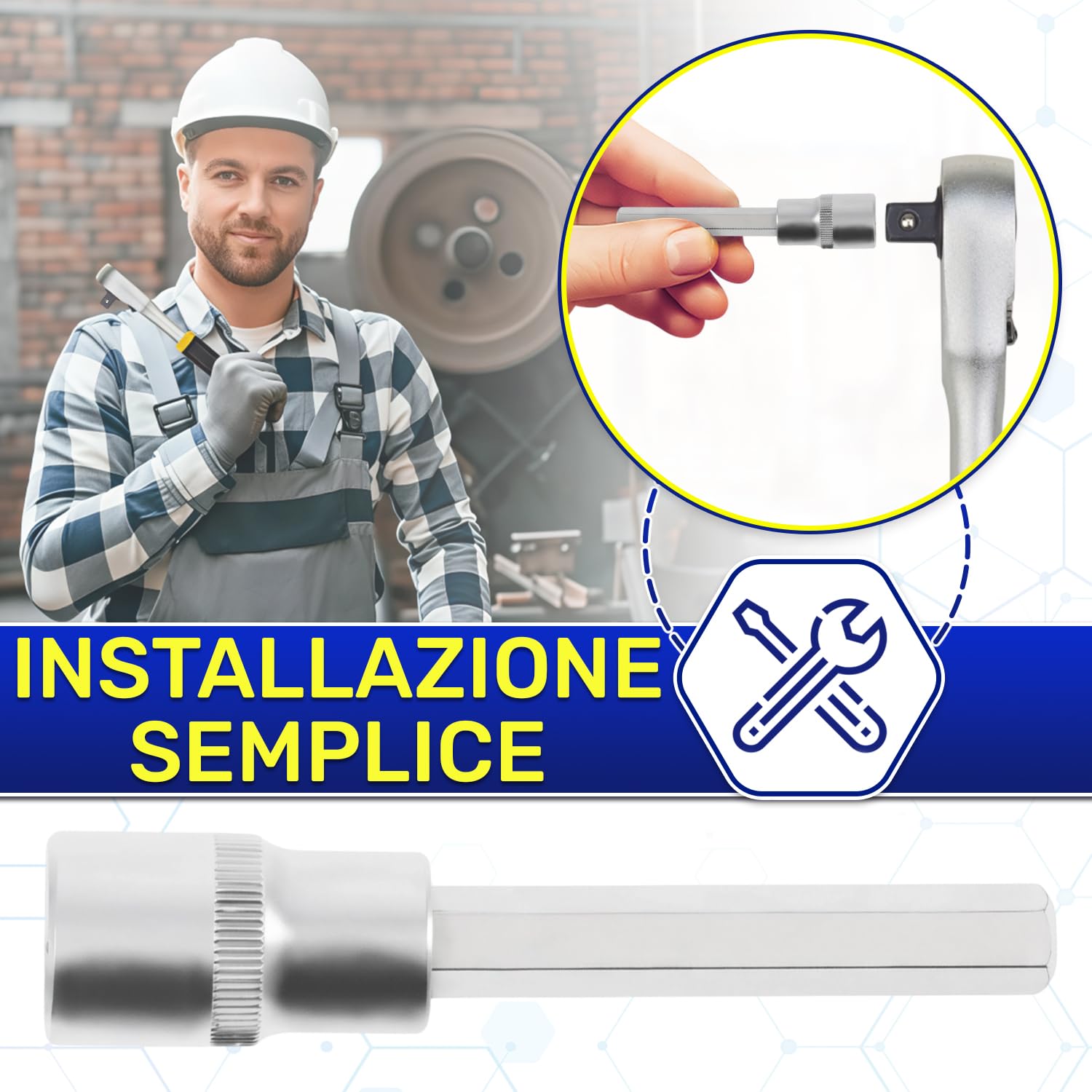 Chiave a Bussola con Inserto Esagonale 7 mm x 100 mm per Aree Difficilida - Chiavi Bussola 1/2" - Realizzata in Acciaio Cromo Vanadio - MONTERAL
