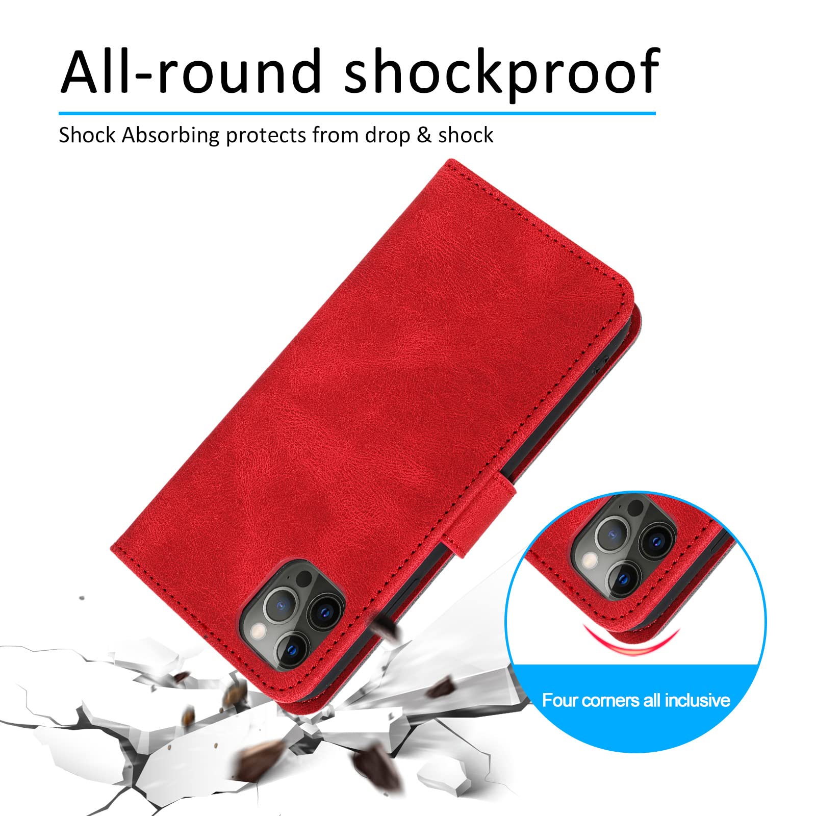 LTL Etui na telefon do iPhone 13 Mini/13/13 Pro/13 Pro Max, wysokiej jakości skórzane etui z klapką, etui z przegródkami na karty, podpórka, magnetyczne zamknięcie, czerwony, 13 Pro 6,1 cala