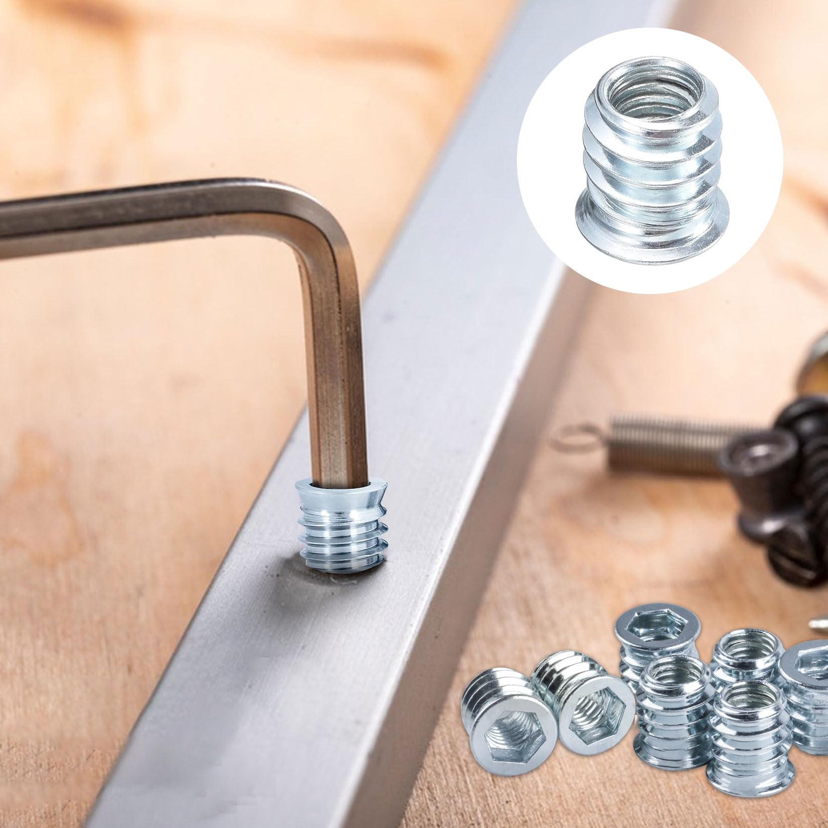 PARFCO Inschroefmoeren M5, M5 x 15 mm, inschroefmoffen, koolstofstaal schroefdraadinzetstuk, indraaihuls met inbussleutel, voor houten pluggen en meubelmontage, 100 stuks