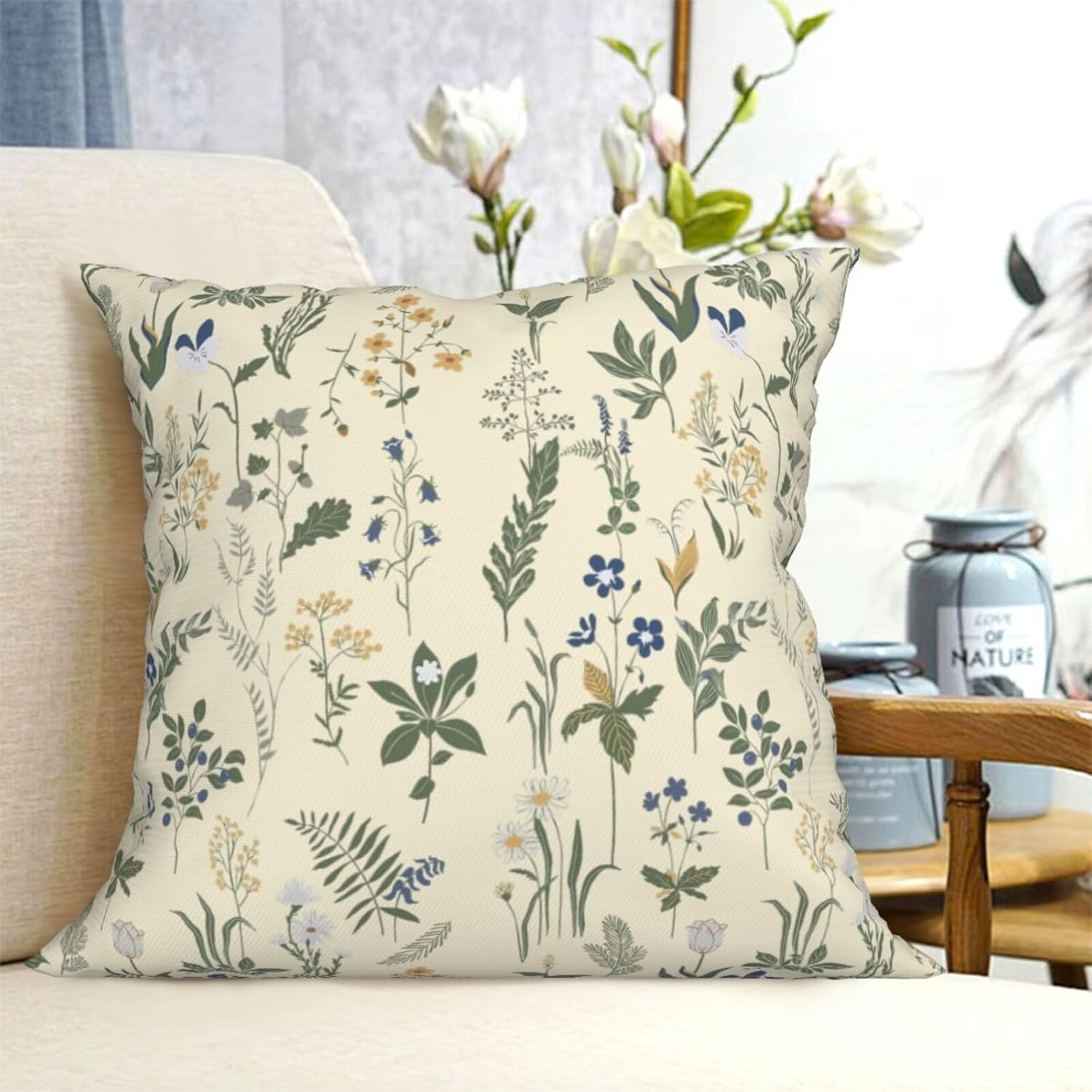 Spring Pillow Covers Sage Green Wild Flower Plant Throw Pillows Case,Seasonal Floral Outdoor Decorative Square Linen Farmhouse Decor Cushion Covers for Home Sofa Bed Couch 18x18 Inch - Image 4