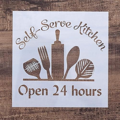 Plantilla decorativa de bricolaje para pintar en paredes, muebles, manualidades, 5.9 x 5.9 pulgadas (cocina 24 horas)