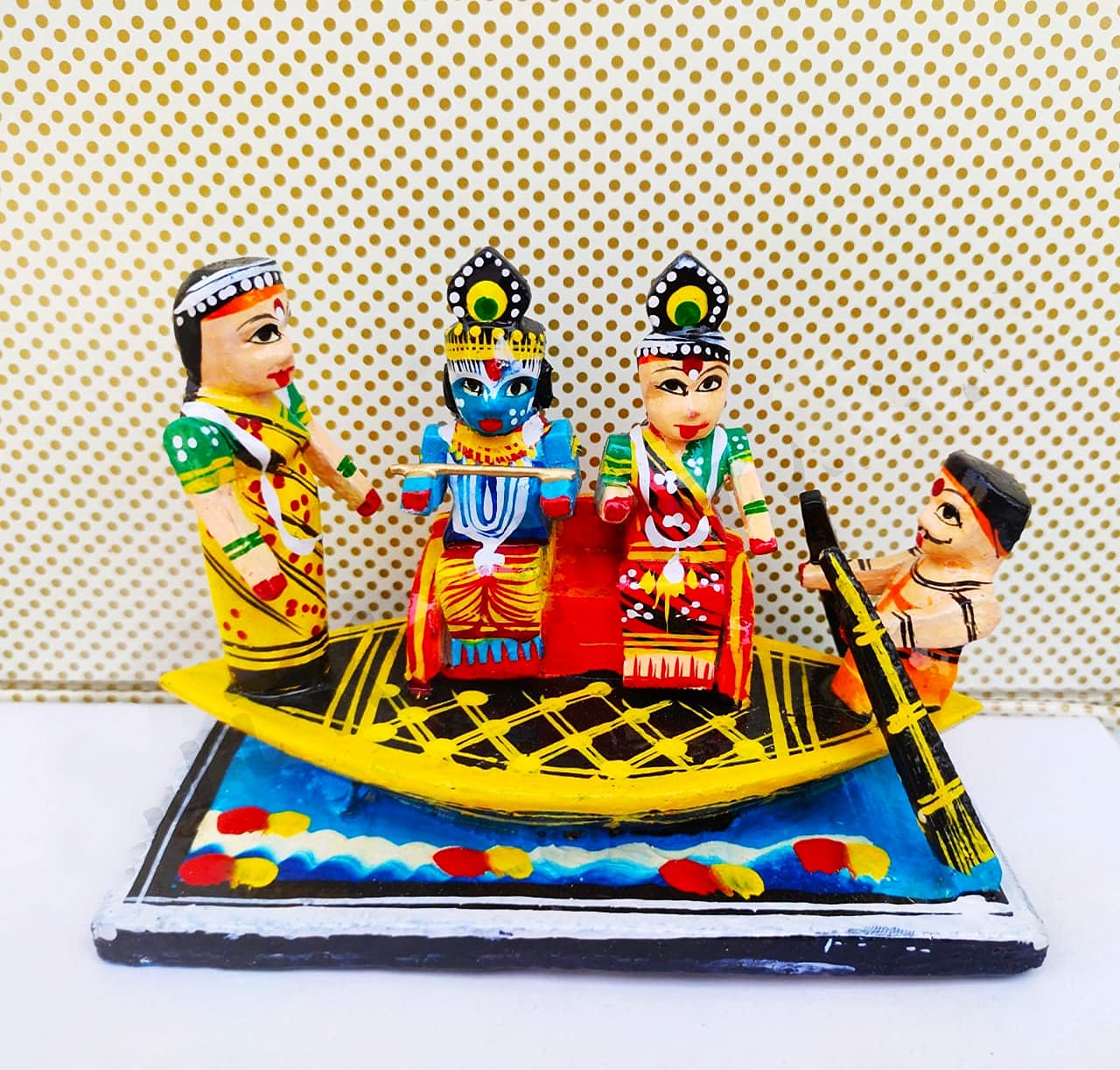 Brij Sugandha Lord Krishna Leela - Wooden Handpainted Handmade Kanha Lila Handicraft Items for Home Temple Décor & Janmastmi Puja Room Decoration - Laddu Gopal Toys (Noka Vihar Leela)