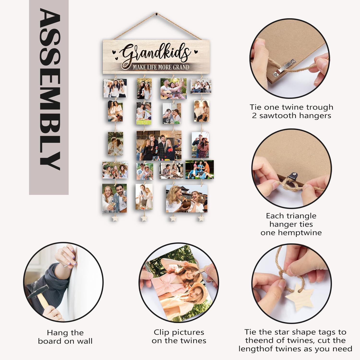 Grandma Gifts Photo Frame, Grandkids Make Life More Grand Picture Frame, Rustic Farmhouse Wood Hanging Collage Photo Frame with 30 Clips, Wall or Tabletop Decor, Birthday Gifts for Grandma - Image 6