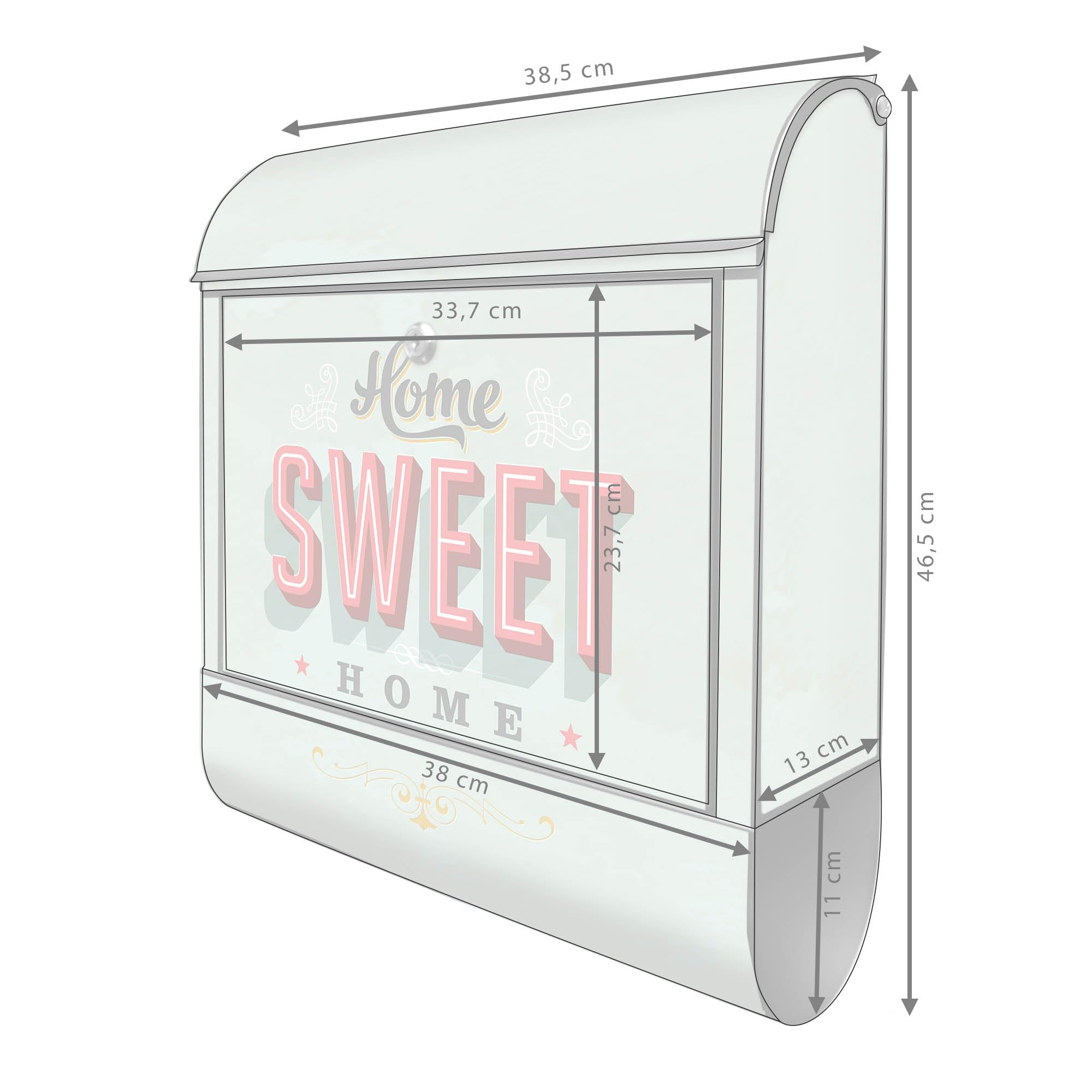 banjado Design Briefkasten 38,5x46,5x13cm & 2 Schlüssel - Briefkasten Stahl Schwarz mit Zeitungsfach pulverbeschichtet - Postkasten A4 Einwurf inkl. Montagematerial - Motiv Home Sweet Home