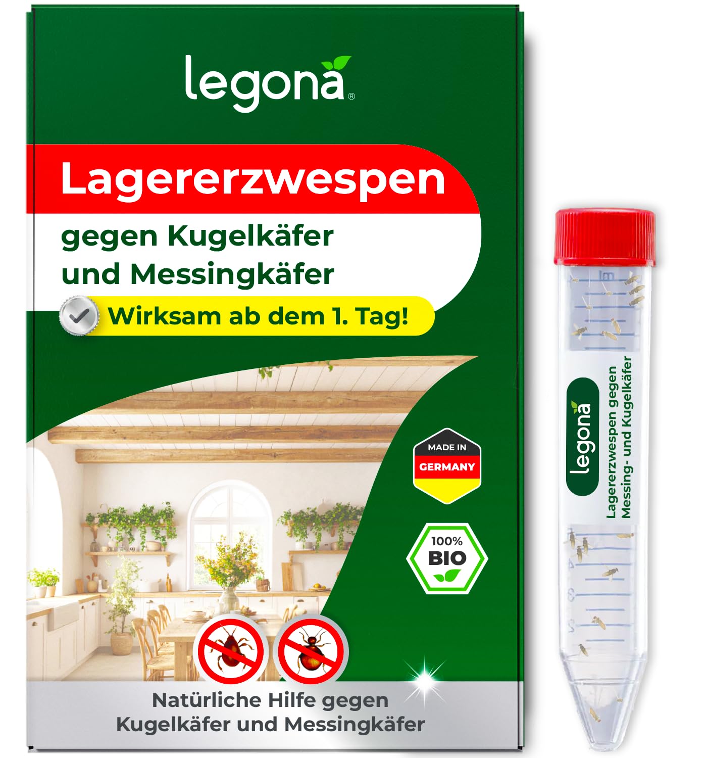 Legona Lagererzwespen gegen Kugelkäfer und Messingkäfer 1 Röhrchen (10m²) - Materialschutz für Wohnung, Vorrat und Lager