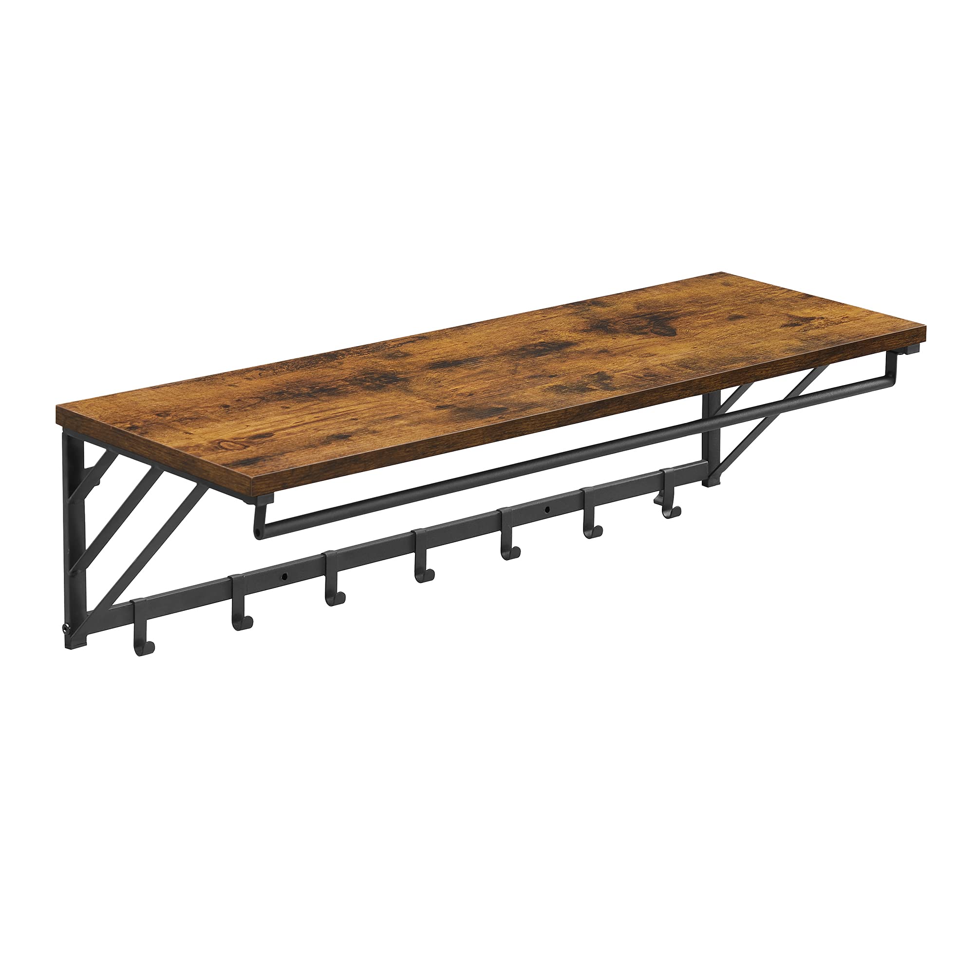 ACAZA Garderobenständer zum Aufhängen mit Regal für Pflanzen, Schlüssel oder Schals, Kleiderhaken mit 7 Haken und Stange für Kleiderbügel, industriell, Braun/Schwarz