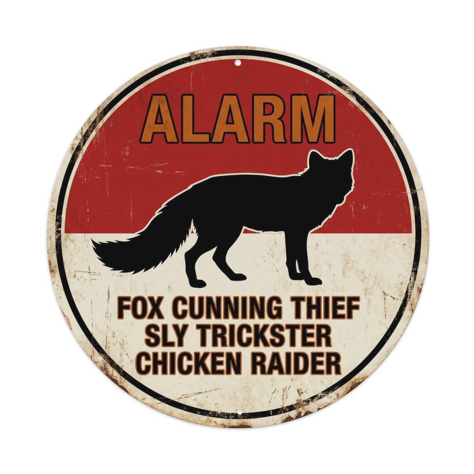 Warning Badge Wildlife Old School Fox Cunning Thief Retro Metal Tin Sign Plaque Wall Decor for Cafe, Man Cave, Club Bar, Office, Home Garden Round Metal Poster 8x8Inch