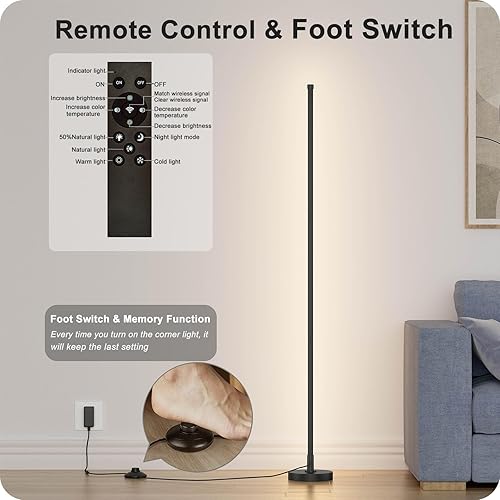 Miniatura 5 de Lámpara de pie regulable con control remoto, lámpara de esquina para sala de estar, dormitorio, oficina, temperatura de color (3000 K-6000 K)