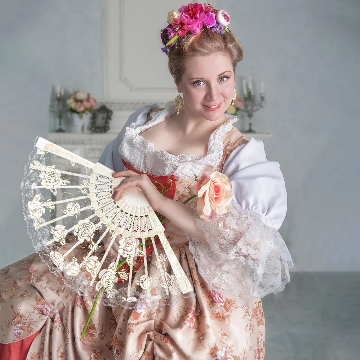 2-Pack White Lace Folding Fans - Japanese Style Handheld Fans For Wedding, Dance, Church, Party Decor