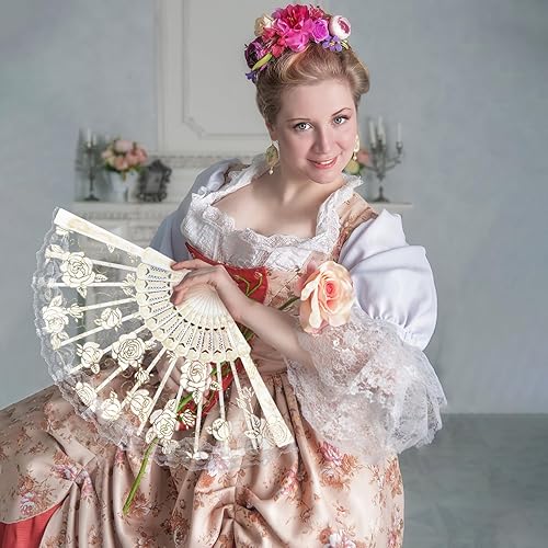 Miniatura 7 de Handheld Chinese Folding Fan Lace Hand Fans for Women Foldable Bulk for Party Wedding Church Dancing (White)