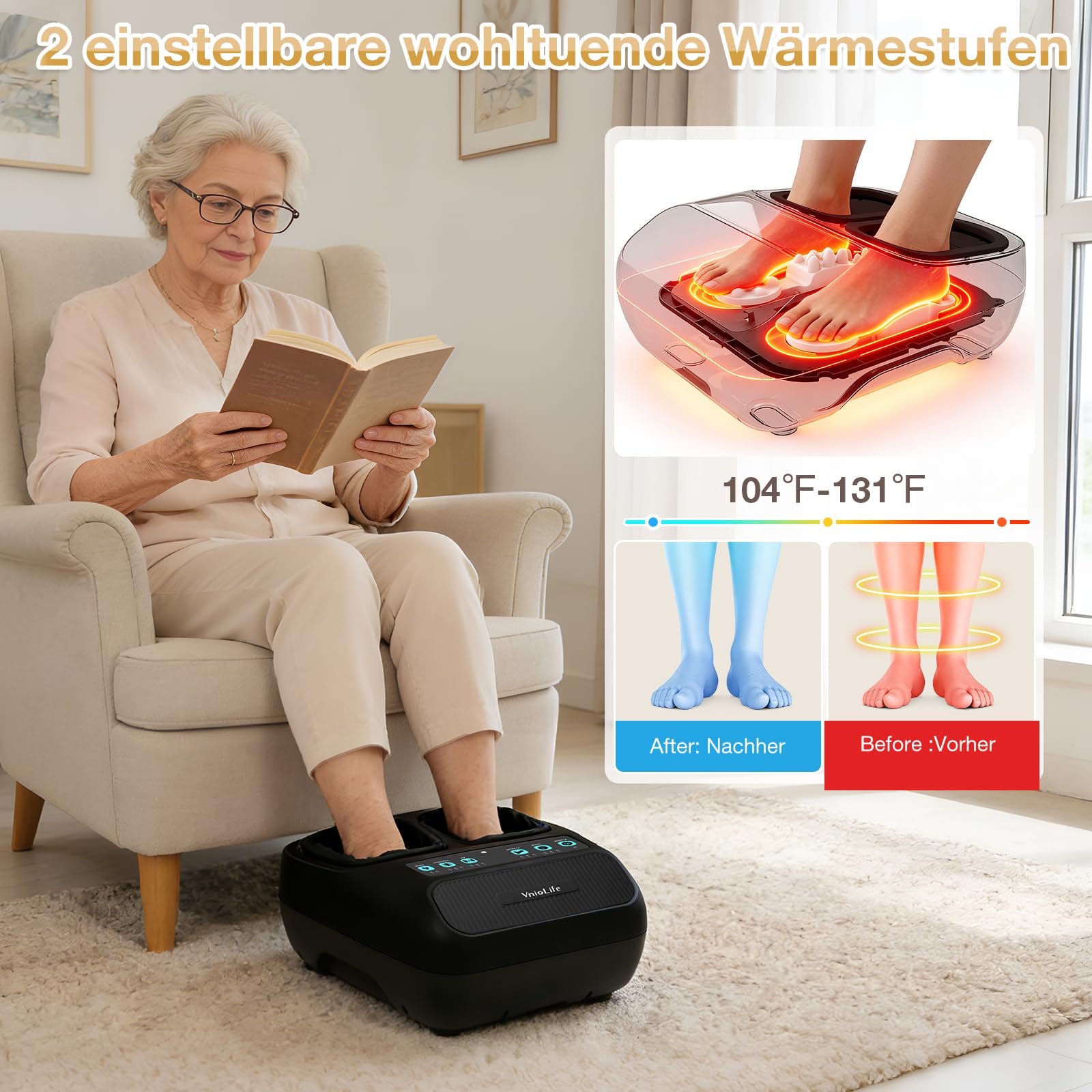 Fußmassagegerät, Shiatsu fussmassagegerät elektrisch mit 3 Knet-Luftkompressions-Vibrationsstufen & 2 Heizstufen, Fernbedienung, bis Schuhgröße 44, Geschenke für Frauen & Männer