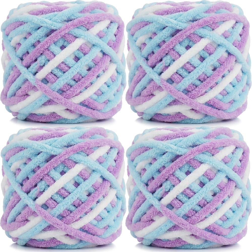 95gx4 Chunky Yarn for Crocheting & Knitting,7mm/0.27inches Thick Crochet Chenille Yarn,Fluffy Chunky Wool for Crochet Blanket,Doll,Bag,Hat,Pillow Cushion,Cat Bed (Blue Purple White)