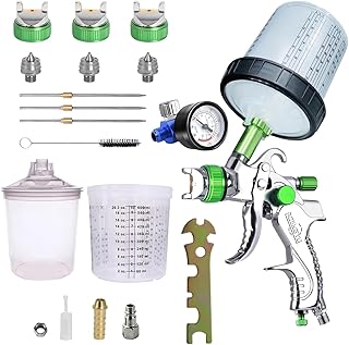 HVLP Spritzpistole,Neueste Autolackierpistole mit Manometer, 1,4mm 1,7mm 2,0mm Düsen mit 600ML Einwegbechern&Farbmischbecher für Auto-Möbel-Lackierung (Grün)
