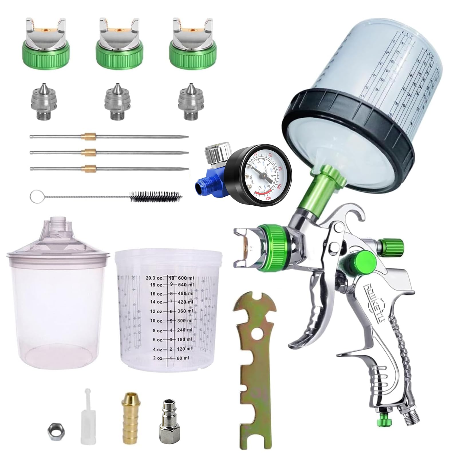 HVLP Spritzpistole,Neueste Autolackierpistole mit Manometer, 1,4mm 1,7mm 2,0mm Düsen mit 600ML Einwegbechern&Farbmischbecher für Auto-Möbel-Lackierung (Grün)