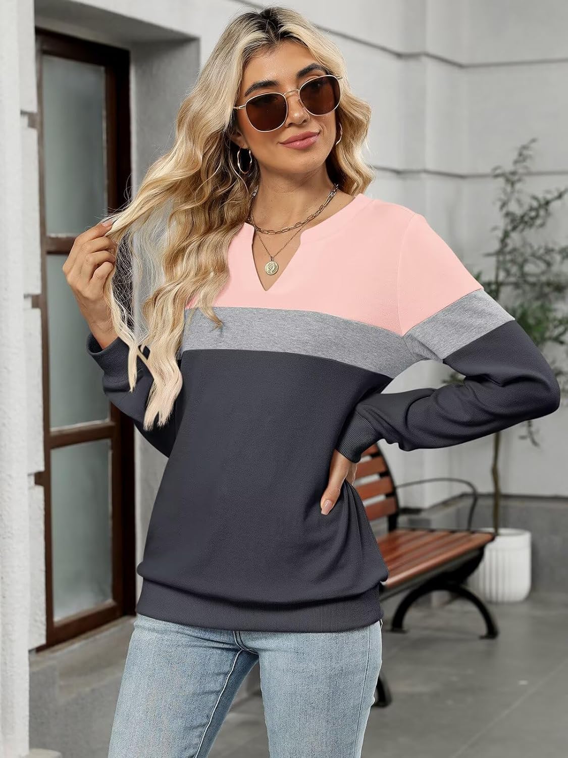 EADINVE Womens Casual Long Sleeve V Neck Sweatshirts Cute Loose Fit Lightweight Pullover Fall Clothes Tunic Tops - Image 5