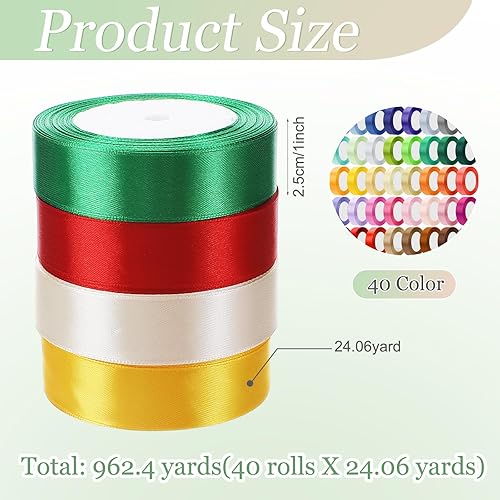 Miniatura 2 de Lyrow Cinta de satén de 40 colores de 962 yardas, cinta de manualidades arcoíris de una sola cara de 1 pulgada (40 rollos) para envoltura de