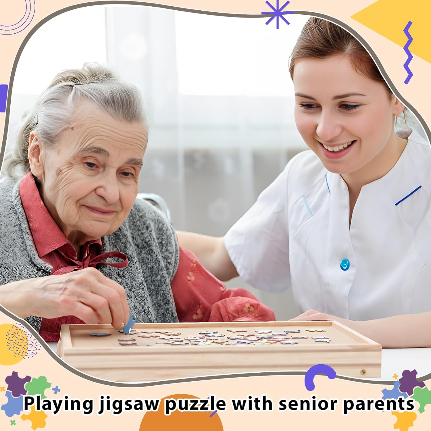 Small Puzzle Board with Legs 16.5 x 13 Inch Portable Puzzle Table with 2 Drawers Wooden Jigsaw Game Board Suitable for Personal