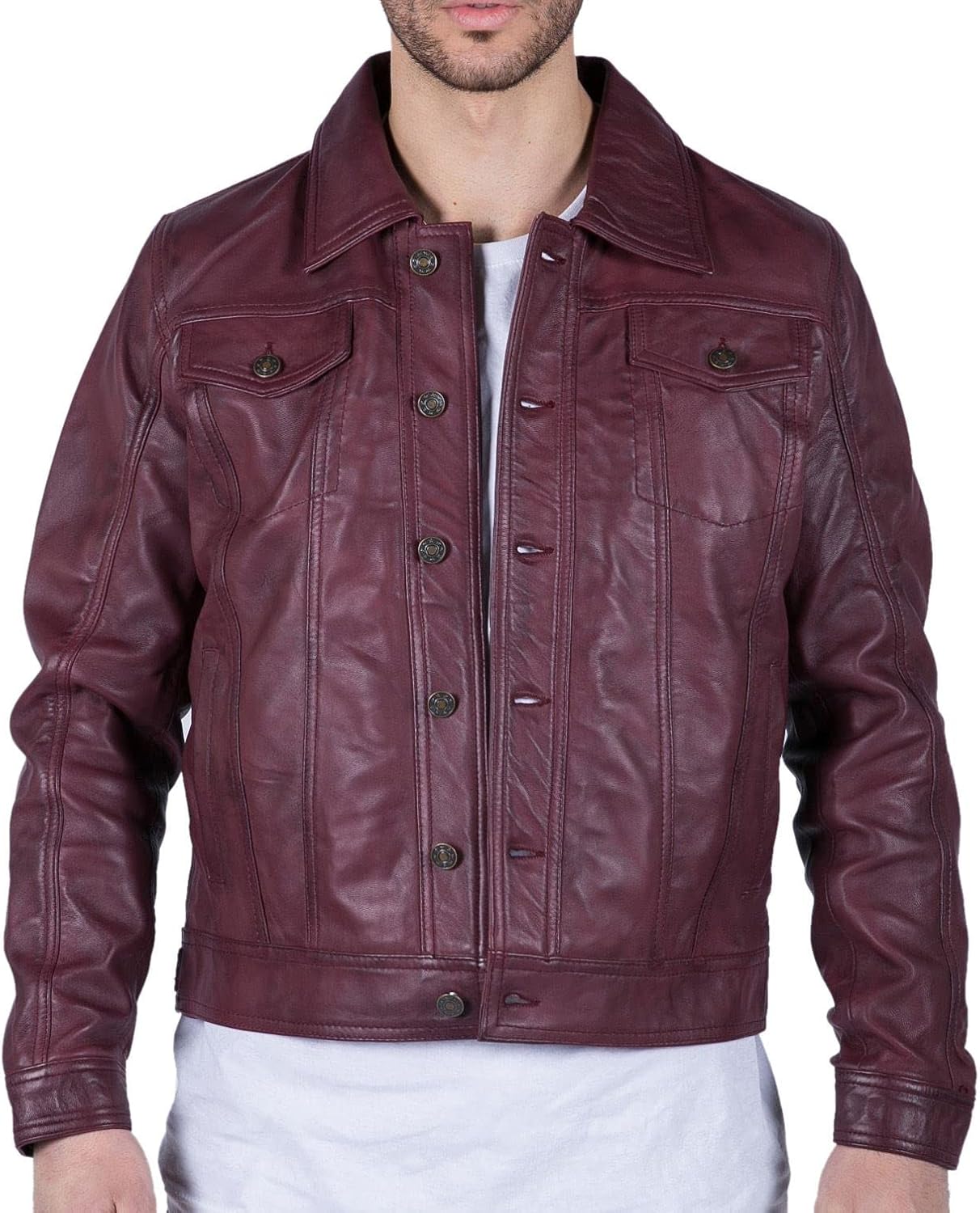 TruClothing Mens Real Leather Shirt Jacket Burgundy Wine Retro Jeans Style Brando Classic