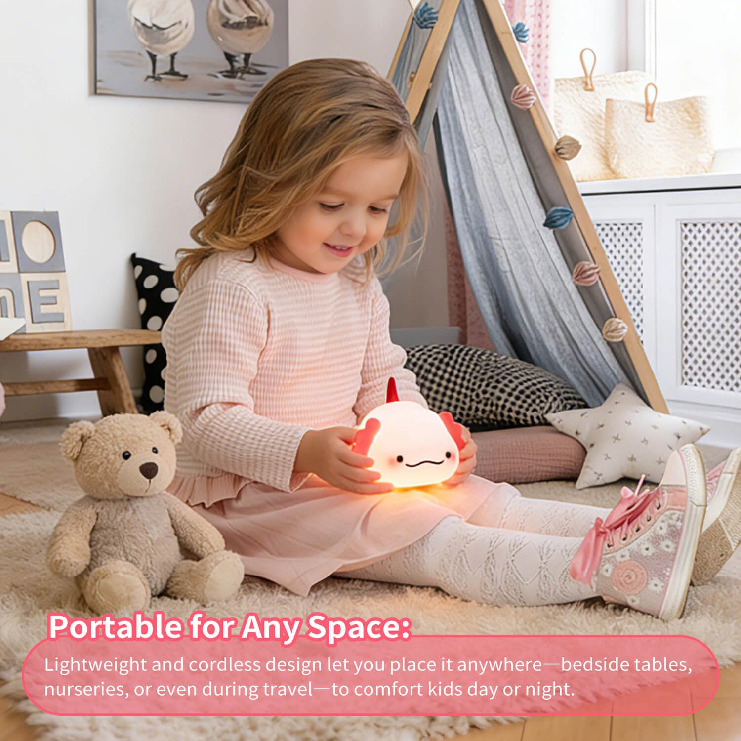 Axolotl - Luz nocturna para niños, silicona blanda de 3 niveles regulable, control táctil, bonita luz nocturna con temporizador, portátil, recargable por USB, lámpara de noche rosa, regalos