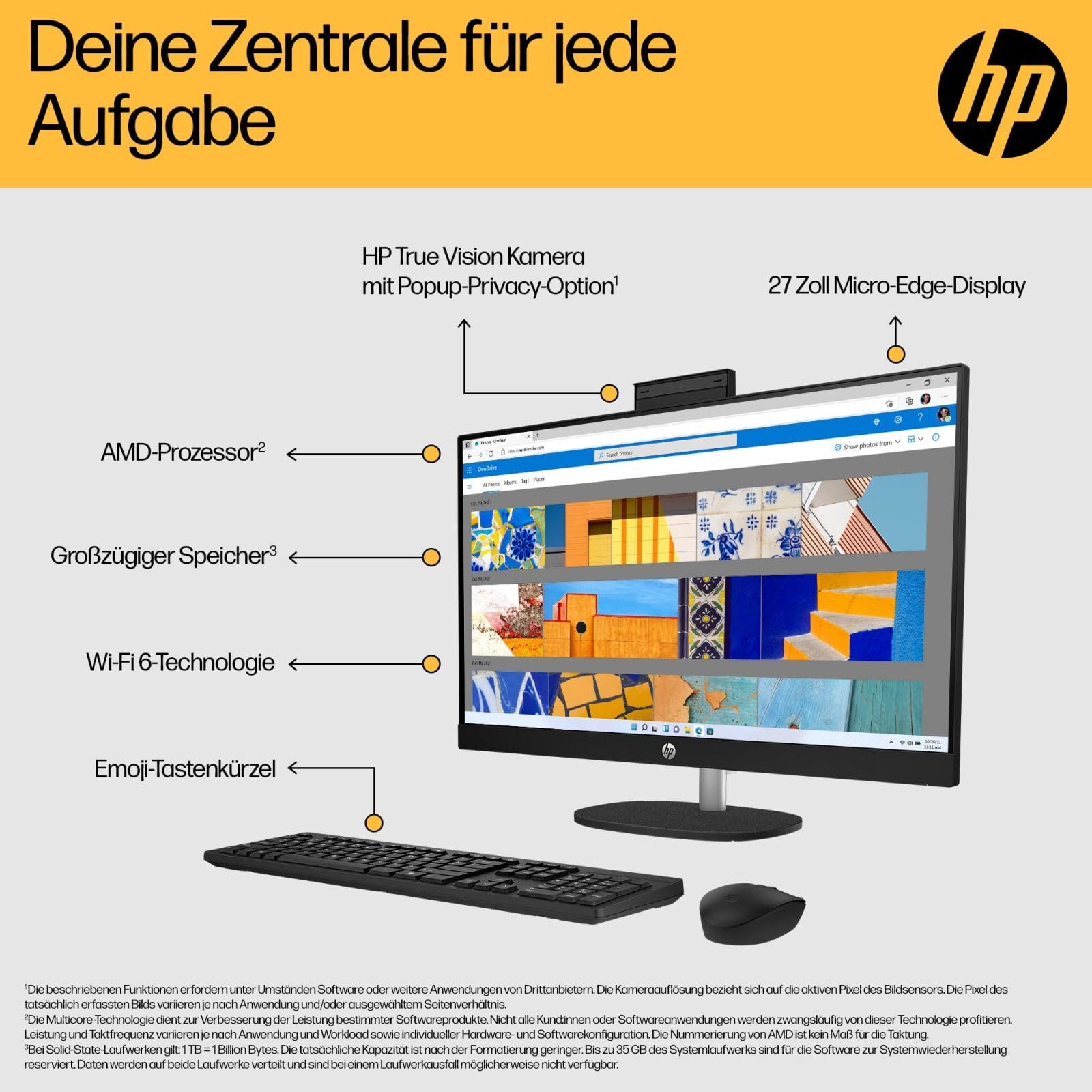 HP All-in-One 27-cr0501ng PC AMD Ryzen? 5 7520U 68,6 cm (27") 1920 x 1080 Pixel All-in-One-PC 8 GB LPDDR5-SDRAM 512 GB SSD Windows 11 Home Wi-Fi 6 (802.11ax) Wei? (A71BLEA #ABD)