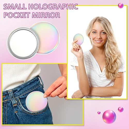Miniatura 6 de Qunclay 12 piezas de 2.76 pulgadas holográfico iridiscente compacto espejo redondo de maquillaje a granel mini espejo de bolsillo de vidrio para