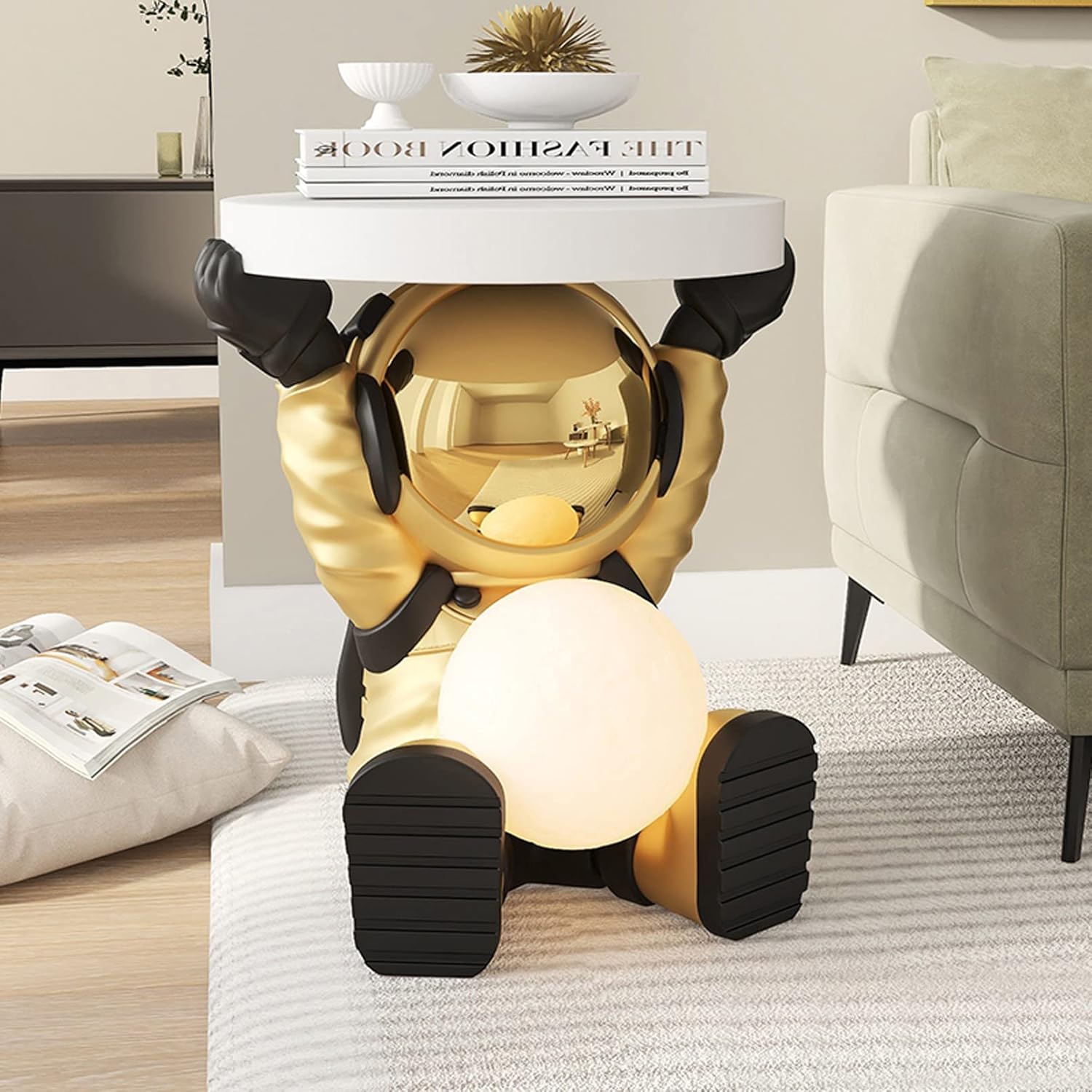 Astronaut Table with Round Top 19.7"X 17.7" Sofa End Table with Moon Lamp Modern Resin Accent Astronaut Statue for Bedroom Living Room Home,Gold