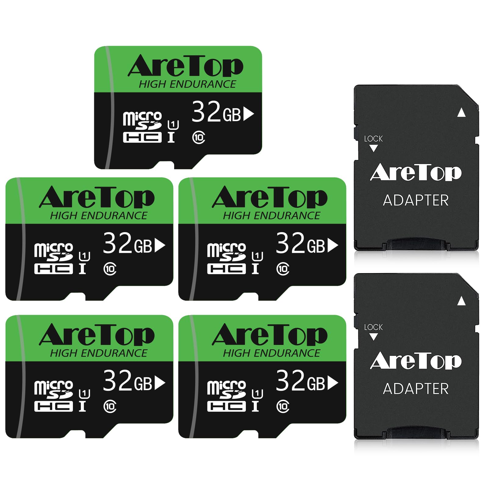 AreTop - Tarjeta Micro SD de 32 GB, juego de 5 tarjetas de memoria UHS-I, TF Micro SDHC Clase 10, U1, con adaptador para tableta, Drone, Dash Cam/Camera/Phone/Nintendo-Switch/PC,Lectura máxima de 90