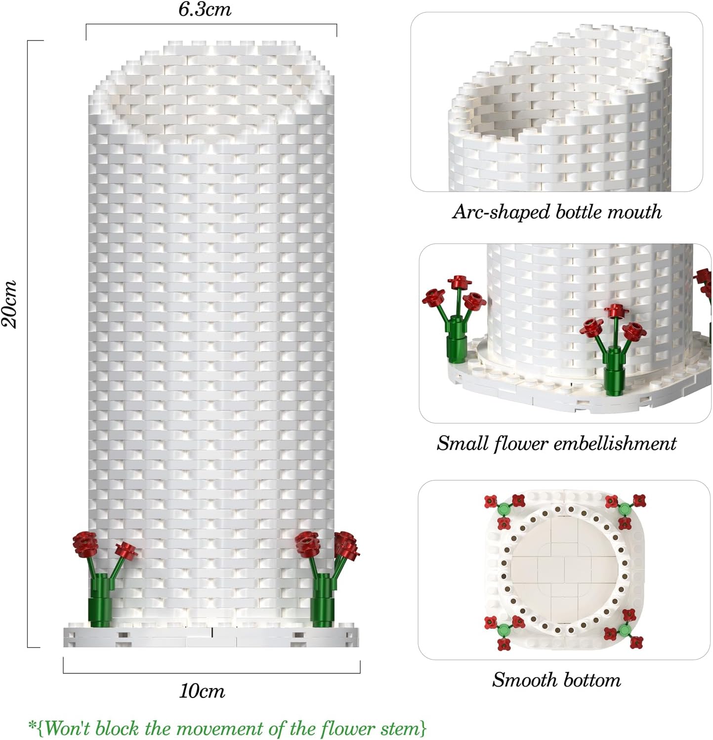 Vase Building Set, White Vase for Roses Flowers Bouquet 10328 10342, for Women Adult Flower Lovers, Christmas, Valentine's and Mother's Day