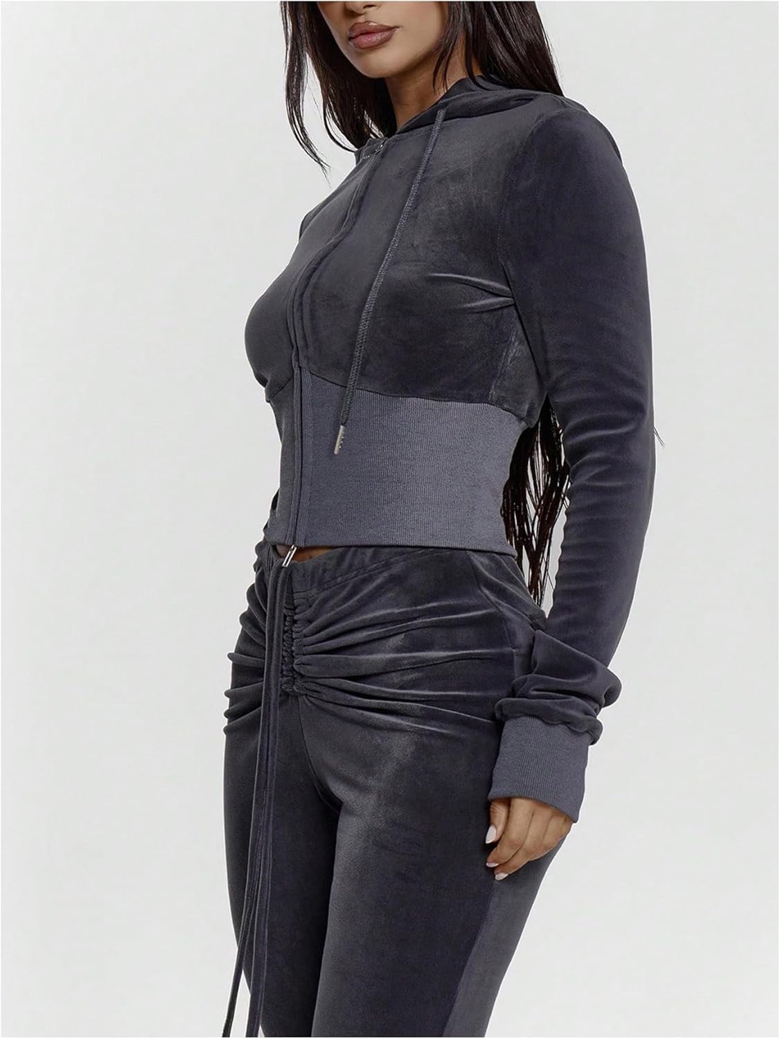 GORGLITTER Women's Zip Up Cropped Hoodie Trendy Fall Long Sleeve Velvet Cinched Waist Fashion Hooded Sweatshirt Jacket - Image 2