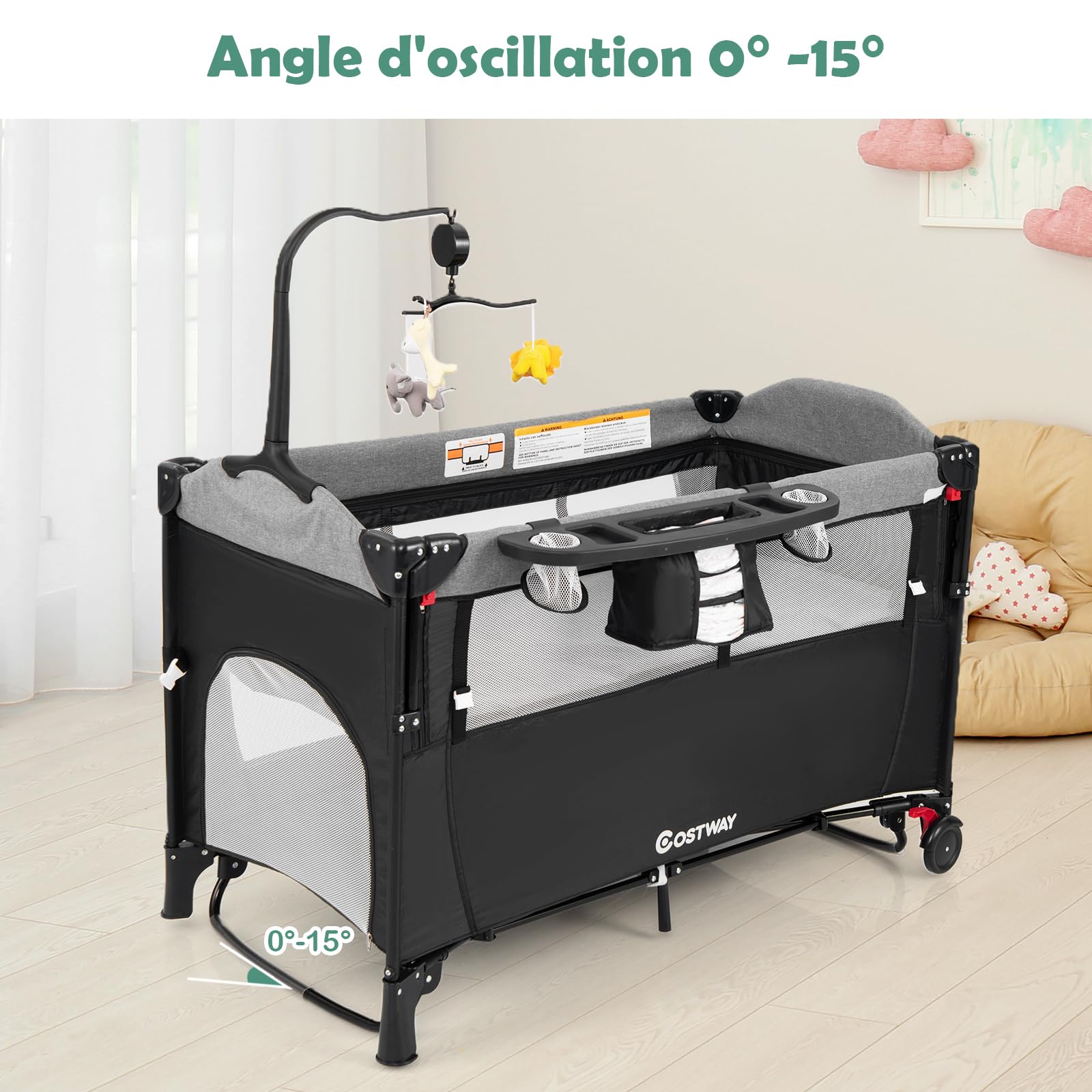COSTWAY 5 en 1 Lit Parapluie Bébé avec Matelas & Table à Langer, Lit Bébé Evolutif avec 4 Hauteurs Réglables, 3 Jouets Suspendus & Boîte à Musique, Roues avec Freins, Charge Max 15kg, 0-36 Mois