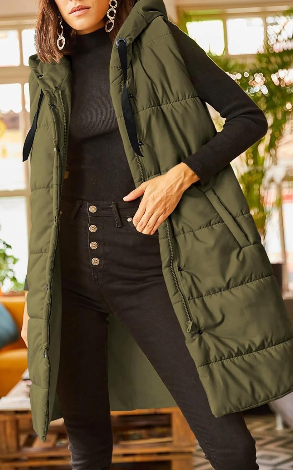 Grlasen Women's Long Quilted Puffer Vest Sleeveless Hooded Button Down Padded Coats Jacket Outerwear with Pockets - Image 3