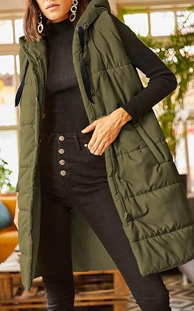 Grlasen Women's Long Quilted Puffer Vest Sleeveless Hooded Button Down Padded Coats Jacket Outerwear with Pockets
