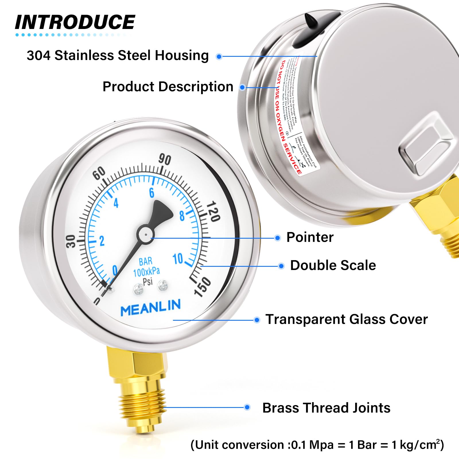 MEANLIN MEASURE 0~10BAR/0~150PSI Suchy manometr ze stali nierdzewnej 1/8" BSP 2" FACE DIAL wodoodporny do pompy studni, ciśnienie wody, dolny montaż, z gniazdem sześciokątnym 1/4" BSP i 3/8" BSP