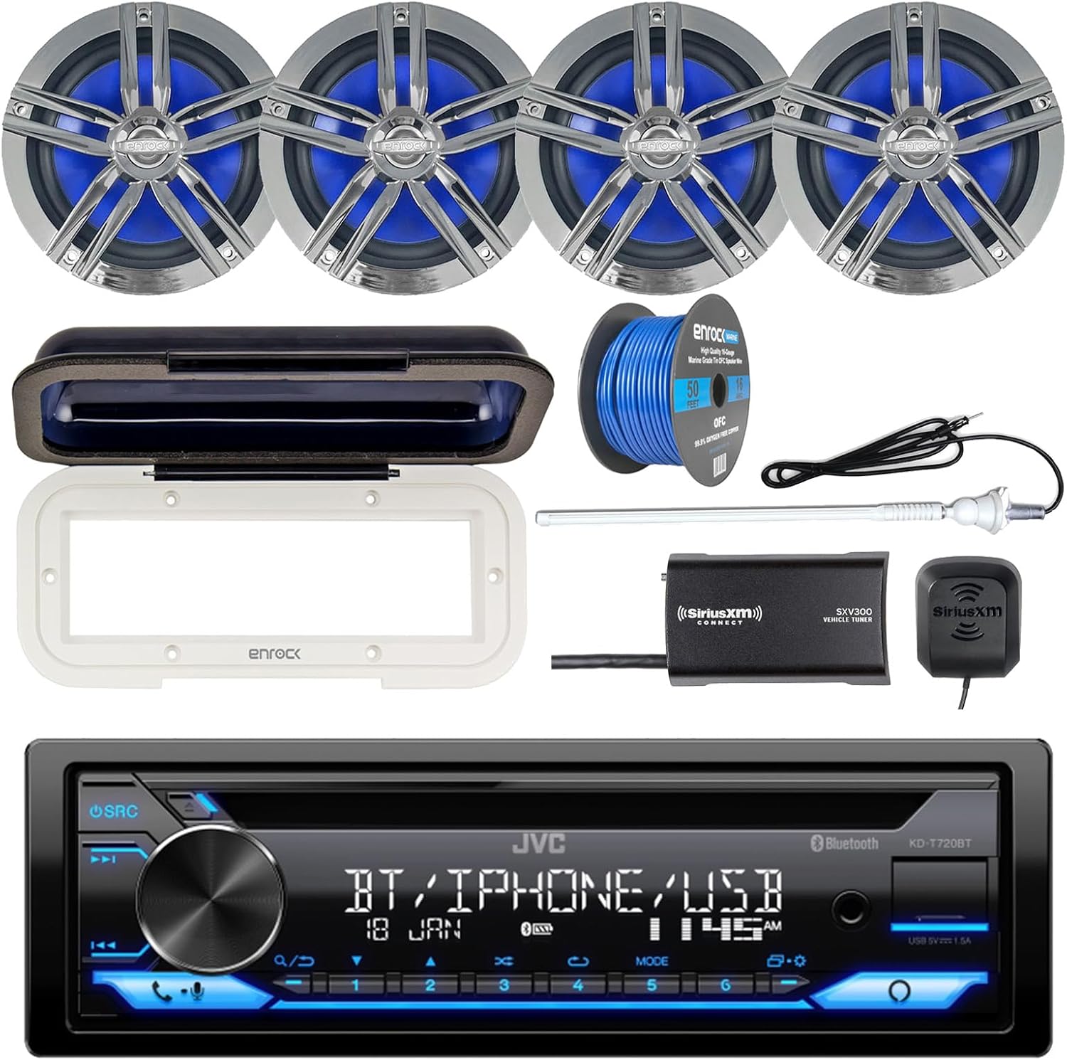 Single DIN AM/FM Radio Bluetooth CD Player Receiver, Cover, 4x 6.5" 180 Watt 2-Way Marine Speakers (Charcoal), Satellite Radio Tuner Kit, White Long Range Radio Antenna, Wire