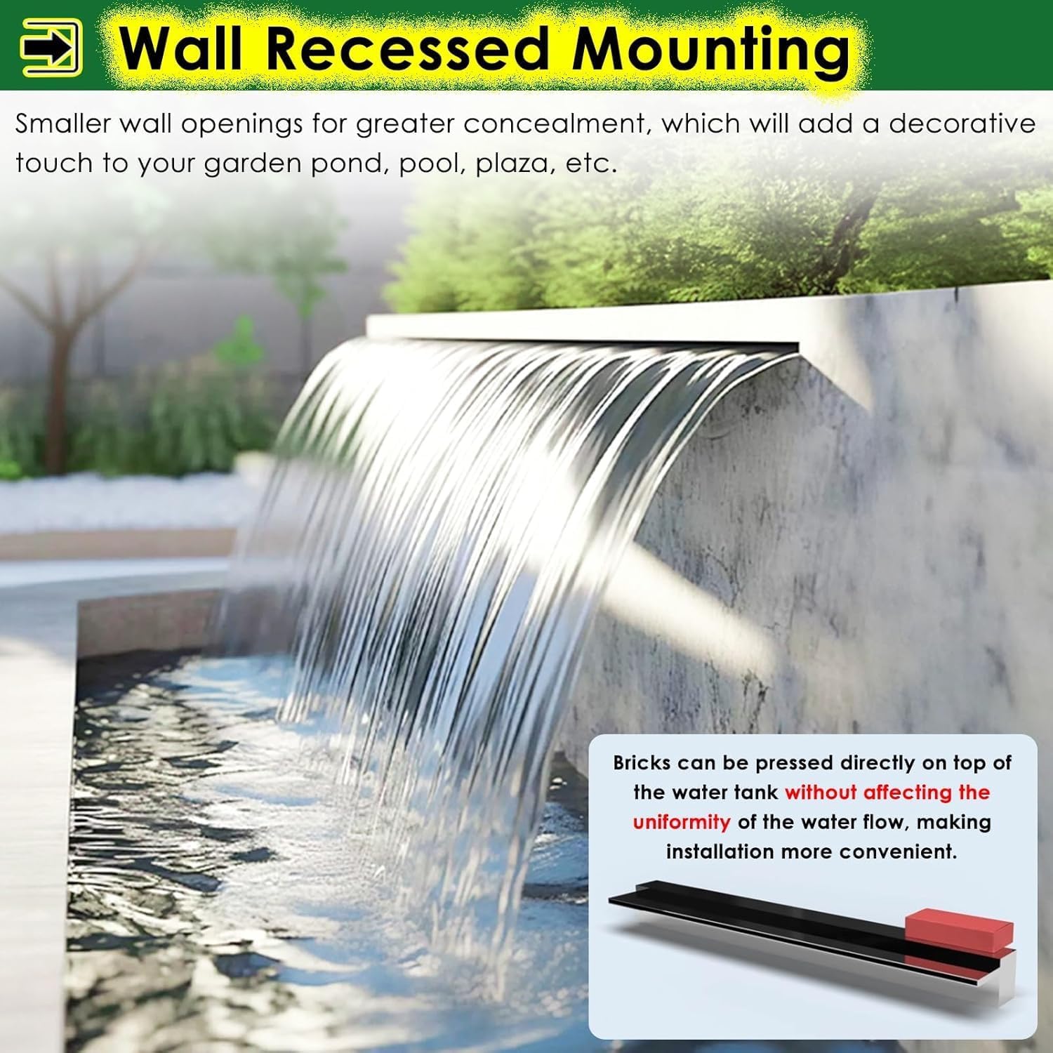 Custom 12 Silver Pool Waterfall Spillway Fountain - 72 to 12 Garden Water Feature with Embedded Mount & Spray Accessories for Stunning Outdoor Décor