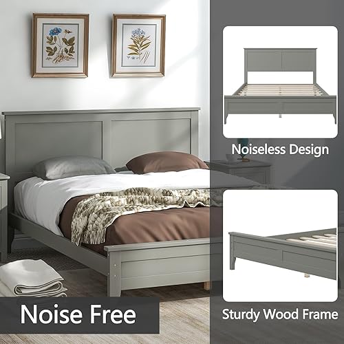 Miniatura 3 de Base de cama de plataforma de madera de estilo rústico tamaño King con cabecero, soporte de listones de madera maciza, camas de plataforma moderna y