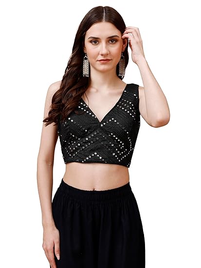 Women's Regular Fit Synthetic Sleeveless Embroidered V-Neck Readymade Blouse