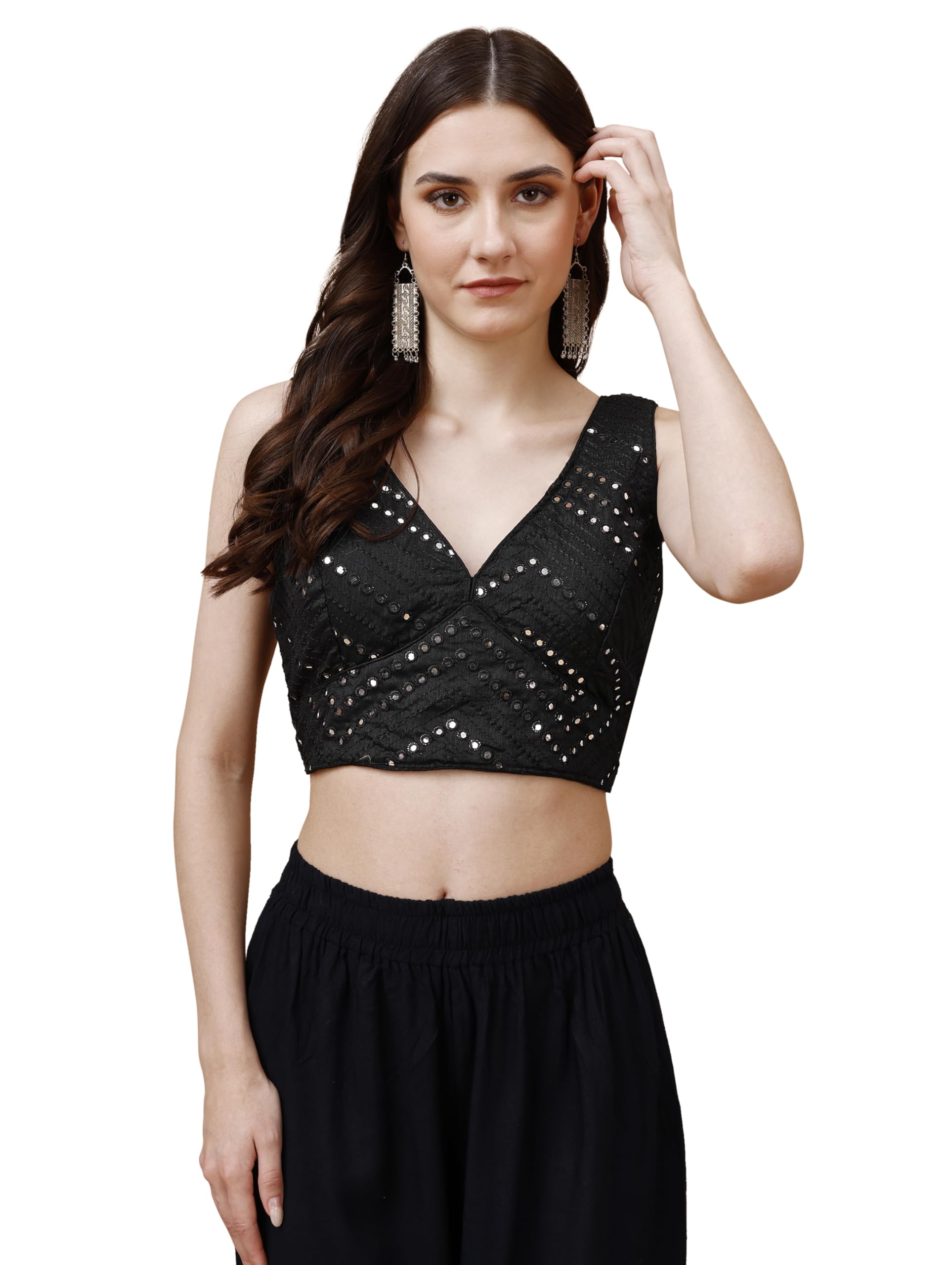 Womanista Synthetic Women's Dupion Embroidered Sleeveless Regular Fit Sleeveless Sleeveless Blouse (Bl_11A_Black Medium)