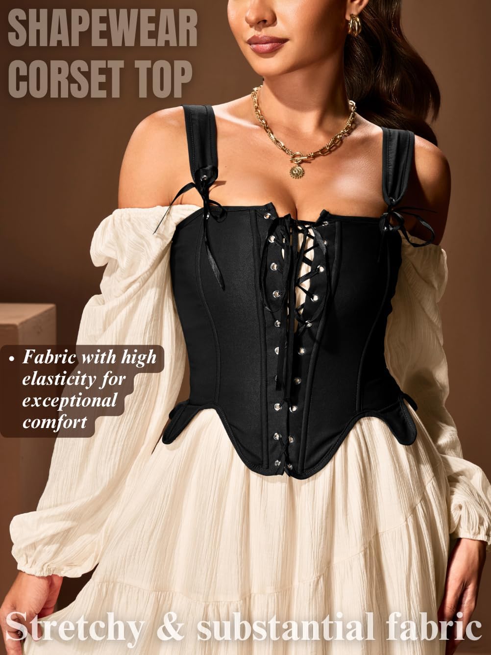 Women's Vintage Corset Top (Size 2-28), Stretchy Plain Lace-Up Bustier for Ren Faire & Casual Outfits - Image 2