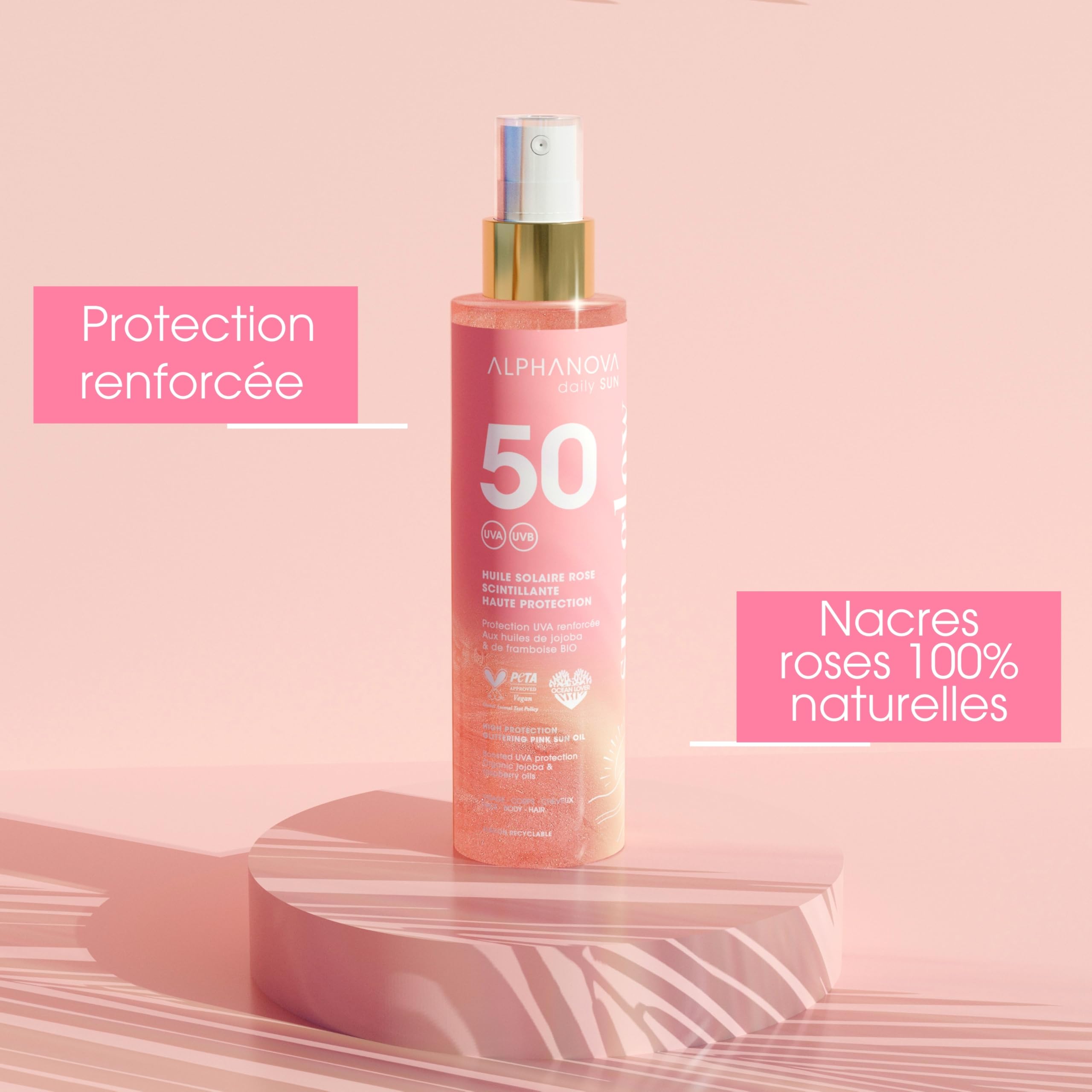 ALPHANOVA DAILY SUN - Huile Solaire SPF50 Scintillante Rose - SUN GLOW - naturel - écoresponsable - 125ml