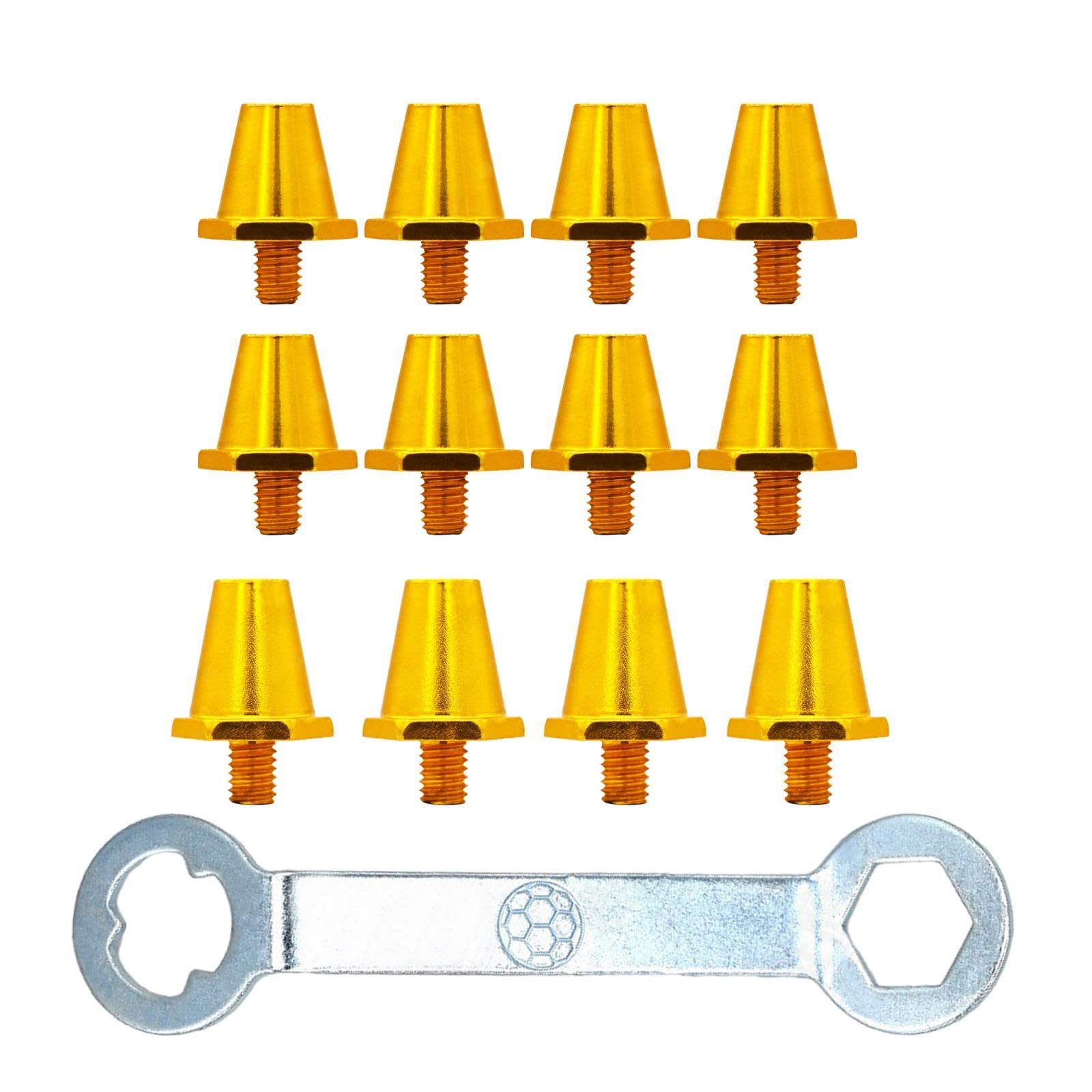 12 Pezzi Tacchetti Calcio Punte Ricambio Scarpe Calcio M5 Accessori Antiscivolo in Alluminio Conici Sostituzione Scarpe Rugby Adatti per Partite, 13mm15mm, Oro con chiave inglese