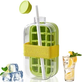 2-in-1 Ice Cube Bottle, Ice Cube Tray & Water Bottle with Bandage & Straw, Cool Summer Ice Bottle Cup, Press to Release Ice Tray with Lid for Home Ice Making, Outdoor Picnics, Office Use (800ml/28oz)