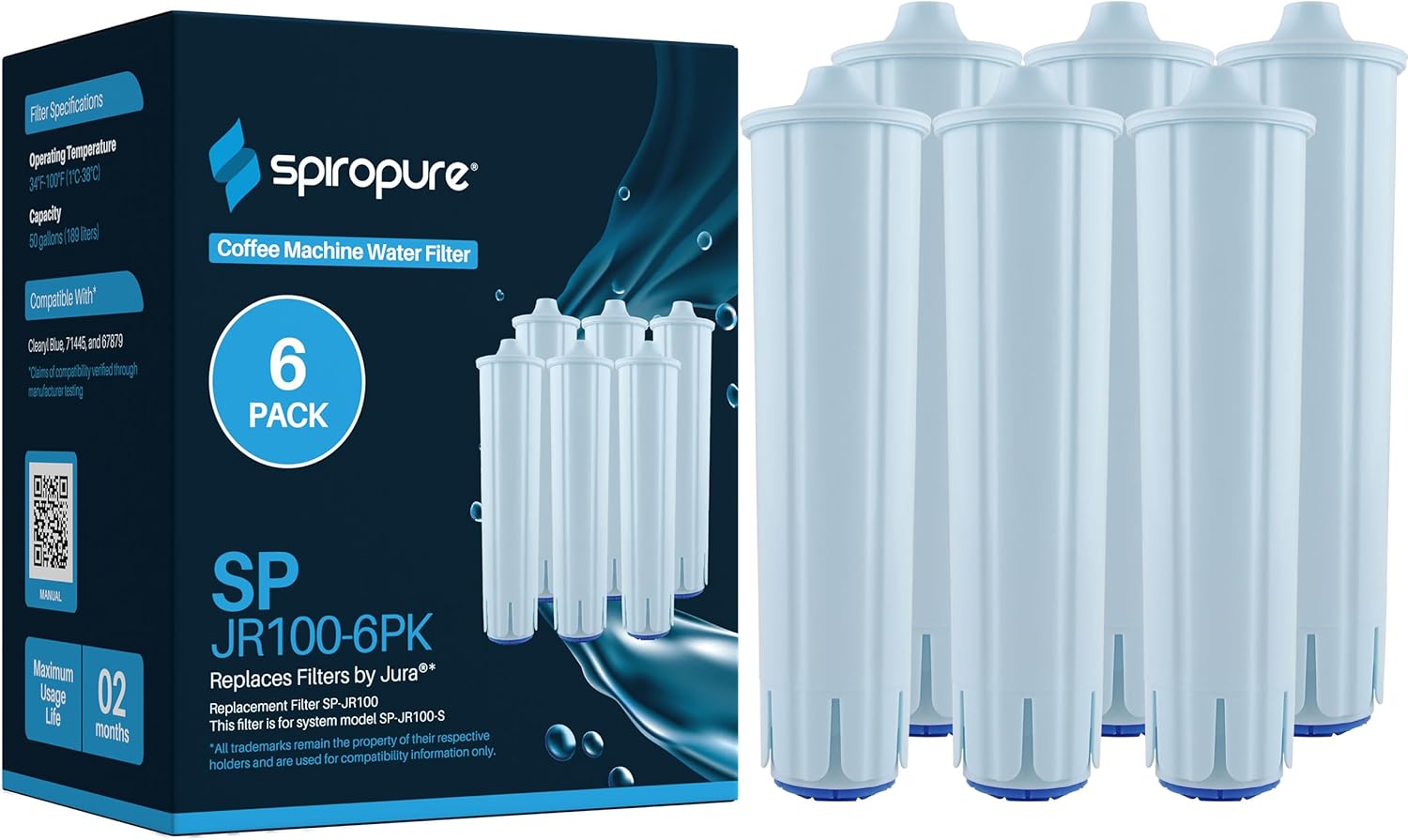 SpiroPure SP-JR100-6K Jura Clearyl Blue Filter Cartridge Compatible Replacement 67879 Jura Clearyl Filter 71445 Clearyl Blue Water Filter Cartridge (6 Pack)
