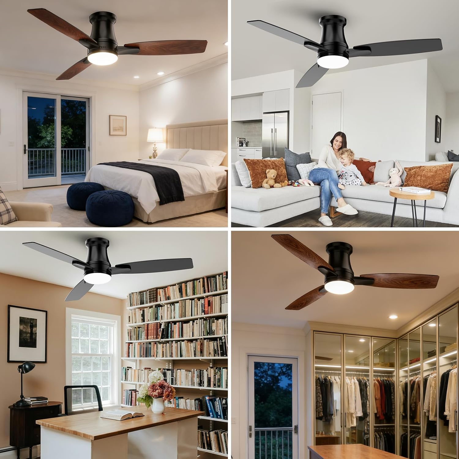 46 Inch Flush Mount Ceiling Fan with Light, Silent Dimmable LED, 6 Speed Settings, 3 CCT, Reversible Blades, Remote Control & APP, Black Modern Ceiling Fan for bedroom/lderly room